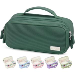 imageSooez Large Pencil Case Pouch Soft Corduroy Pencil Bag with Handle Cute Pen Case 5 Compartments Wide Opening Pen Pouch Organizer with Zipper Aesthetic School Supplies for Girls Women BlueDark Green