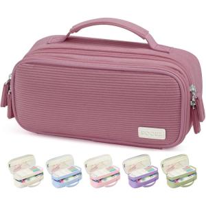 imageSooez Large Pencil Case Pouch Soft Corduroy Pencil Bag with Handle Cute Pen Case 5 Compartments Wide Opening Pen Pouch Organizer with Zipper Aesthetic School Supplies for Girls Women BlueDark Pink