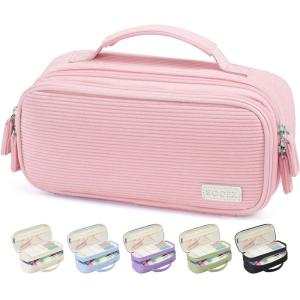 imageSooez Large Pencil Case Pouch Soft Corduroy Pencil Bag with Handle Cute Pen Case 5 Compartments Wide Opening Pen Pouch Organizer with Zipper Aesthetic School Supplies for Girls Women BluePink