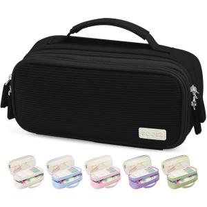 imageSooez Large Pencil Case Pouch Soft Corduroy Pencil Bag with Handle Cute Pen Case 5 Compartments Wide Opening Pen Pouch Organizer with Zipper Aesthetic School Supplies for Girls Women BlueBlack