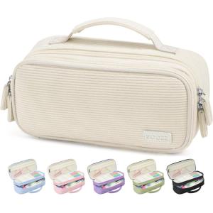 imageSooez Large Pencil Case Pouch Soft Corduroy Pencil Bag with Handle Cute Pen Case 5 Compartments Wide Opening Pen Pouch Organizer with Zipper Aesthetic School Supplies for Girls Women BlueBeige