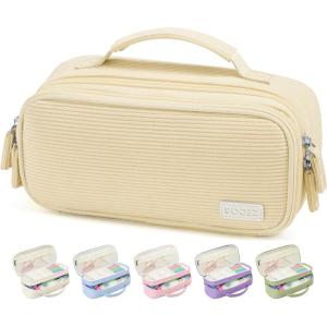 imageSooez Large Pencil Case Pouch Soft Corduroy Pencil Bag with Handle Cute Pen Case 5 Compartments Wide Opening Pen Pouch Organizer with Zipper Aesthetic School Supplies for Girls Women BlueYellow