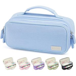 imageSooez Large Pencil Case Pouch Soft Corduroy Pencil Bag with Handle Cute Pen Case 5 Compartments Wide Opening Pen Pouch Organizer with Zipper Aesthetic School Supplies for Girls Women BlueBlue