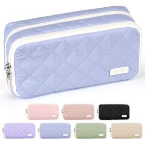 imageSooez Large Pencil Case PouchExtra Big Pencil Bag with 8 CompartmentsPen Bag Wide OpeningSoft Quilted Pencil Pouch Organizer with ZipperPortable Pencil Case for Teen GirlsBeigeLight Blue