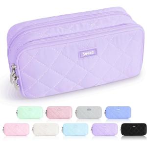 imageSooez Large Pencil Case PouchExtra Big Pencil Bag with 8 CompartmentsPen Bag Wide OpeningSoft Quilted Pencil Pouch Organizer with ZipperPortable Pencil Case for Teen GirlsBeigePurple
