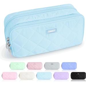 imageSooez Large Pencil Case PouchExtra Big Pencil Bag with 8 CompartmentsPen Bag Wide OpeningSoft Quilted Pencil Pouch Organizer with ZipperPortable Pencil Case for Teen GirlsBeigeBlue