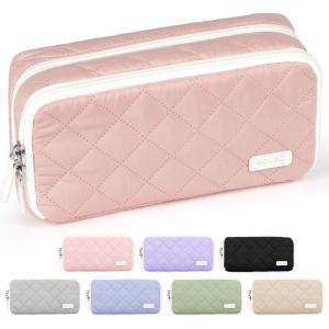 imageSooez Large Pencil Case PouchExtra Big Pencil Bag with 8 CompartmentsPen Bag Wide OpeningSoft Quilted Pencil Pouch Organizer with ZipperPortable Pencil Case for Teen GirlsBeigeRose Pink