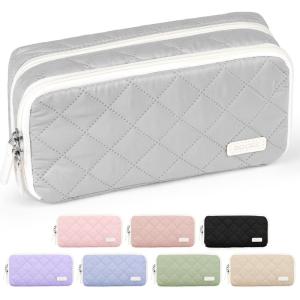 imageSooez Large Pencil Case PouchExtra Big Pencil Bag with 8 CompartmentsPen Bag Wide OpeningSoft Quilted Pencil Pouch Organizer with ZipperPortable Pencil Case for Teen GirlsBeigeLight Gray
