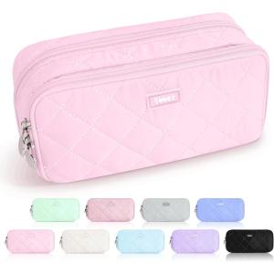 imageSooez Large Pencil Case PouchExtra Big Pencil Bag with 8 CompartmentsPen Bag Wide OpeningSoft Quilted Pencil Pouch Organizer with ZipperPortable Pencil Case for Teen GirlsBeigePink