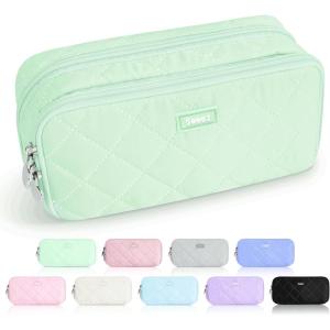 imageSooez Large Pencil Case PouchExtra Big Pencil Bag with 8 CompartmentsPen Bag Wide OpeningSoft Quilted Pencil Pouch Organizer with ZipperPortable Pencil Case for Teen GirlsBeigeGreen