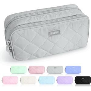 imageSooez Large Pencil Case PouchExtra Big Pencil Bag with 8 CompartmentsPen Bag Wide OpeningSoft Quilted Pencil Pouch Organizer with ZipperPortable Pencil Case for Teen GirlsBeigeGray