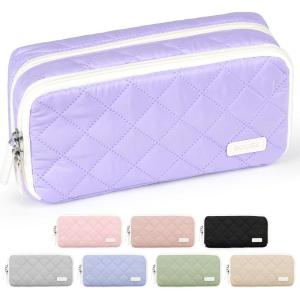 imageSooez Large Pencil Case PouchExtra Big Pencil Bag with 8 CompartmentsPen Bag Wide OpeningSoft Quilted Pencil Pouch Organizer with ZipperPortable Pencil Case for Teen GirlsBeigeLight Purple