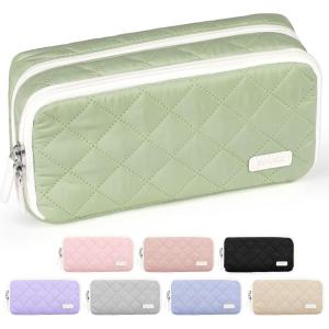 imageSooez Large Pencil Case PouchExtra Big Pencil Bag with 8 CompartmentsPen Bag Wide OpeningSoft Quilted Pencil Pouch Organizer with ZipperPortable Pencil Case for Teen GirlsBeigeLight Green