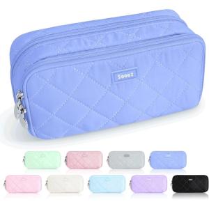 imageSooez Large Pencil Case PouchExtra Big Pencil Bag with 8 CompartmentsPen Bag Wide OpeningSoft Quilted Pencil Pouch Organizer with ZipperPortable Pencil Case for Teen GirlsBeigeDark Blue