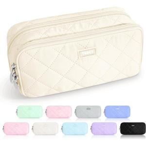 imageSooez Large Pencil Case PouchExtra Big Pencil Bag with 8 CompartmentsPen Bag Wide OpeningSoft Quilted Pencil Pouch Organizer with ZipperPortable Pencil Case for Teen GirlsBeigeBeige
