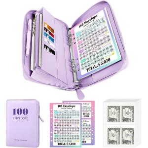 imageSooez Savings Challenge Book with Extra Pocket Storage Zipper Closure  100 Envelopes Money Saving Challenge PU Binder with Cash Envelope ampamp Laminated Tracker for Cash Bill 83x 105 Purple