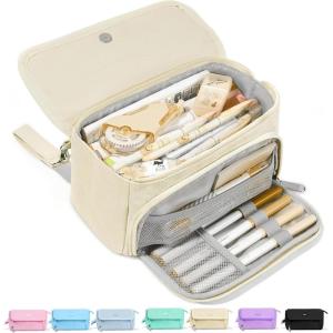 imageSooez Super Large Pencil Case Big Capacity Pencil Bag with 3 Compartments Hold 200 pencils Cute Pencil Pouch with Zipper Portable Stationery Pen Bag Aesthetic School Supplies For Girls PinkBeige