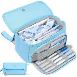 imageSooez Super Large Pencil Case Big Capacity Pencil Bag with 3 Compartments Hold 200 pencils Cute Pencil Pouch with Zipper Portable Stationery Pen Bag Aesthetic School Supplies For Girls PinkSky Blue