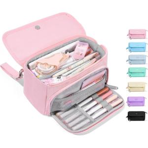 imageSooez Super Large Pencil Case Big Capacity Pencil Bag with 3 Compartments Hold 200 pencils Cute Pencil Pouch with Zipper Portable Stationery Pen Bag Aesthetic School Supplies For Girls PinkPink