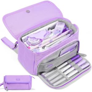 imageSooez Super Large Pencil Case Big Capacity Pencil Bag with 3 Compartments Hold 200 pencils Cute Pencil Pouch with Zipper Portable Stationery Pen Bag Aesthetic School Supplies For Girls PinkPurple