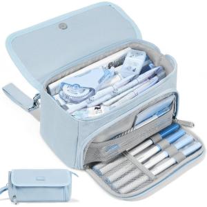 imageSooez Super Large Pencil Case Big Capacity Pencil Bag with 3 Compartments Hold 200 pencils Cute Pencil Pouch with Zipper Portable Stationery Pen Bag Aesthetic School Supplies For Girls PinkHaze Blue