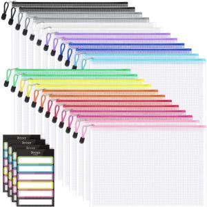 imageSooez 24 Pack Mesh Zipper Pouch with Sticky Labels A4 Mesh Bags for Board Game Puzzles Organization Storage Durable Letter Size File Folders Organizer for Teacher School Classroom Office SuppliesMulticolored