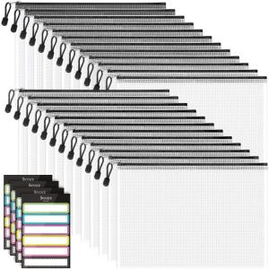 imageSooez 24 Pack Mesh Zipper Pouch with Sticky Labels A4 Mesh Bags for Board Game Puzzles Organization Storage Durable Letter Size File Folders Organizer for Teacher School Classroom Office SuppliesBlack