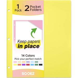 imageSooez 2Pocket Folders Plastic Folders with Pockets 3 Hole Punched 1 Pack Pockets Folder for 3 Ring Binder with Labels Heavy Duty Binder Folder for Document Letter Size File FolderBlackYellow