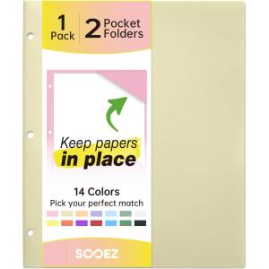 imageSooez 2Pocket Folders Plastic Folders with Pockets 3 Hole Punched 1 Pack Pockets Folder for 3 Ring Binder with Labels Heavy Duty Binder Folder for Document Letter Size File FolderBlackSmoky Yellow