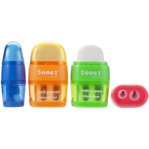 imageSooez 4 Pack Pencil Sharpeners ampamp Eraser Handheld Manual Pencil Sharpener with 2 Sharpening Holes Small Pencil Sharpeners Bulk Hand Pencil Sharpener Blue Orange Green Pink Color