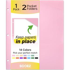 imageSooez 6 Pack Folders with Pockets 3 Hole Punched Plastic Pockets Folders for 3 Ring Binder with Labels Heavy Duty 2Pocket Binder Folder for Document Colored File Folders Letter SizePink