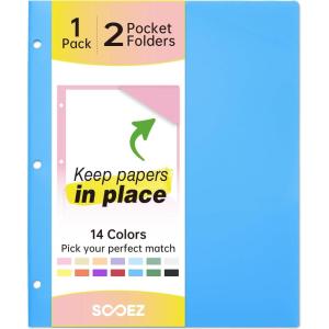 imageSooez 6 Pack Folders with Pockets 3 Hole Punched Plastic Pockets Folders for 3 Ring Binder with Labels Heavy Duty 2Pocket Binder Folder for Document Colored File Folders Letter SizeBlue