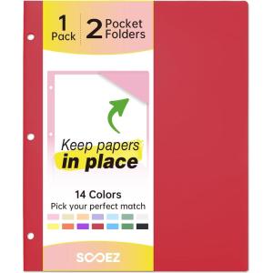 imageSooez 6 Pack Folders with Pockets 3 Hole Punched Plastic Pockets Folders for 3 Ring Binder with Labels Heavy Duty 2Pocket Binder Folder for Document Colored File Folders Letter SizeRed