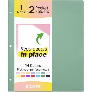 imageSooez 6 Pack Folders with Pockets 3 Hole Punched Plastic Pockets Folders for 3 Ring Binder with Labels Heavy Duty 2Pocket Binder Folder for Document Colored File Folders Letter SizeSmoky Green