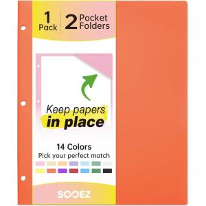imageSooez 6 Pack Folders with Pockets 3 Hole Punched Plastic Pockets Folders for 3 Ring Binder with Labels Heavy Duty 2Pocket Binder Folder for Document Colored File Folders Letter SizeOrange