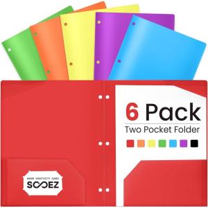 imageSooez 6 Pack Folders with Pockets 3 Hole Punched Plastic Pockets Folders for 3 Ring Binder with Labels Heavy Duty 2Pocket Binder Folder for Document Colored File Folders Letter SizeBright