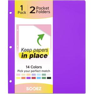 imageSooez 6 Pack Folders with Pockets 3 Hole Punched Plastic Pockets Folders for 3 Ring Binder with Labels Heavy Duty 2Pocket Binder Folder for Document Colored File Folders Letter SizePurple