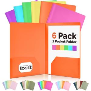 imageSooez 6 Pack Folders with Pockets Heavy Duty Plastic File Folders 2 Pockets Folder Preppy Back to School Supplies Classic ColorsBright Colors