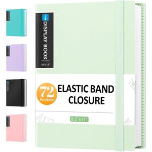 imageSooez 72 Pocket Binder with Plastic Sleeves ampamp Elastic Band Large Capacity 85x11 Presentation Book Display 144 Pages Art Portfolio Document Folder with Clear Sheet Protectors for Office SchoolGreen