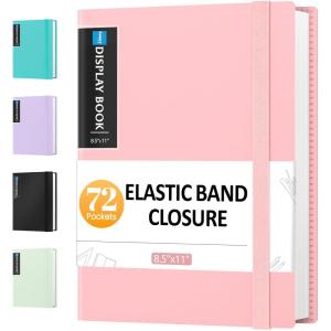imageSooez 72 Pocket Binder with Plastic Sleeves ampamp Elastic Band Large Capacity 85x11 Presentation Book Display 144 Pages Art Portfolio Document Folder with Clear Sheet Protectors for Office SchoolPink