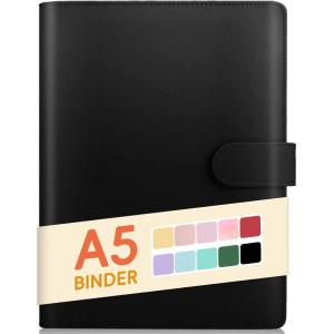 imageSooez A5 Notebook Binder 6 Ring Planner with Stylish Design Loose Leaf Personal Organizer Cover with Magnetic Buckle Closure PU Leather Binder for Women with Macaron Colors Olive GreenBlack