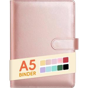 imageSooez A5 Notebook Binder 6 Ring Planner with Stylish Design Loose Leaf Personal Organizer Cover with Magnetic Buckle Closure PU Leather Binder for Women with Macaron Colors Olive GreenRose Gold