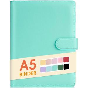 imageSooez A5 Notebook Binder 6 Ring Planner with Stylish Design Loose Leaf Personal Organizer Cover with Magnetic Buckle Closure PU Leather Binder for Women with Macaron Colors Olive GreenMint Green