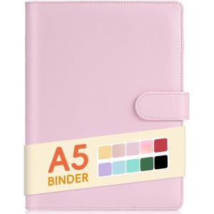 imageSooez A5 Notebook Binder 6 Ring Planner with Stylish Design Loose Leaf Personal Organizer Cover with Magnetic Buckle Closure PU Leather Binder for Women with Macaron Colors Olive GreenPink