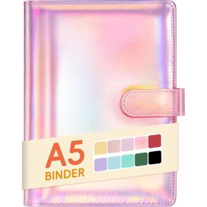 imageSooez A5 Notebook Binder 6 Ring Planner with Stylish Design Loose Leaf Personal Organizer Cover with Magnetic Buckle Closure PU Leather Binder for Women with Macaron Colors Olive GreenShiny Pink