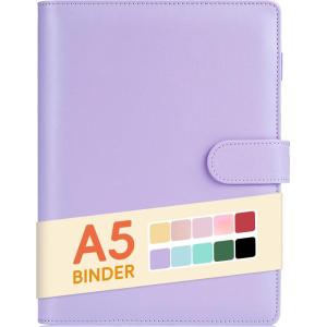 imageSooez A5 Notebook Binder 6 Ring Planner with Stylish Design Loose Leaf Personal Organizer Cover with Magnetic Buckle Closure PU Leather Binder for Women with Macaron Colors Olive GreenLavender