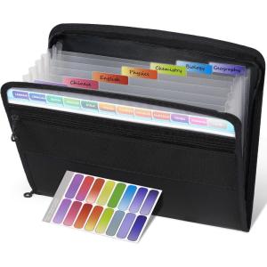 imageSooez Accordion File Organizer with Safe Zipper 12 Pocket Expanding File Folder with Front Pencil Pouch Portable Monthly Paper Bill Tax Receipt Organizer School Office Supplies Letter Size GreyBlack