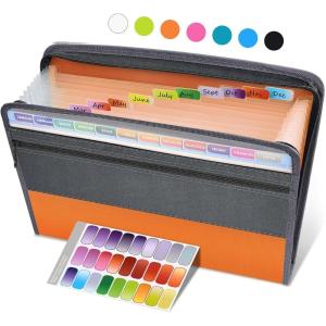 imageSooez Accordion File Organizer with Safe Zipper 12 Pocket Expanding File Folder with Front Pencil Pouch Portable Monthly Paper Bill Tax Receipt Organizer School Office Supplies Letter Size GreyOrange