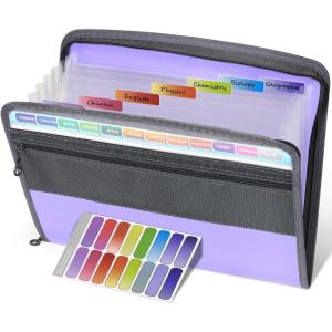 imageSooez Accordion File Organizer with Safe Zipper 12 Pocket Expanding File Folder with Front Pencil Pouch Portable Monthly Paper Bill Tax Receipt Organizer School Office Supplies Letter Size GreyPurple