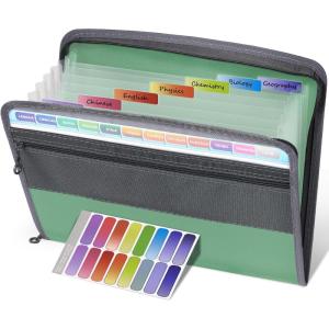 imageSooez Accordion File Organizer with Safe Zipper 12 Pocket Expanding File Folder with Front Pencil Pouch Portable Monthly Paper Bill Tax Receipt Organizer School Office Supplies Letter Size GreyOlive Green